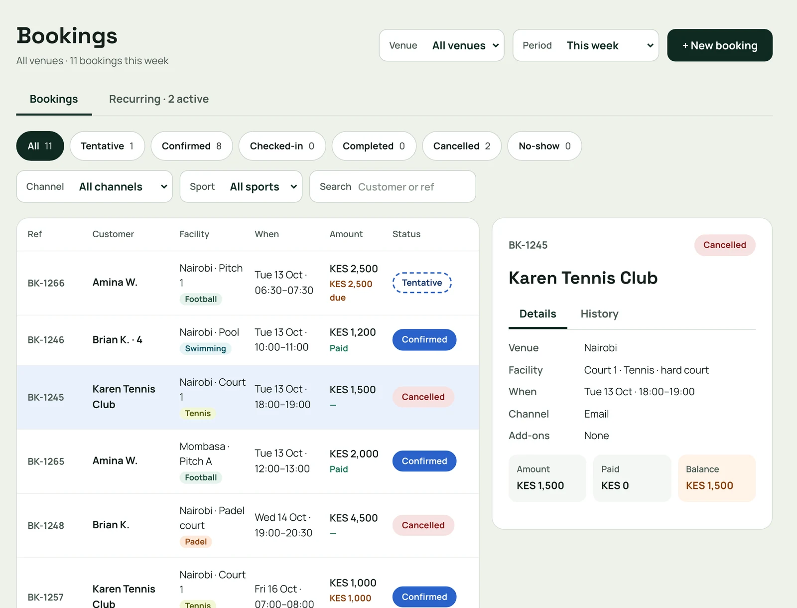 The bookings list with statuses and balances, and one booking's details beside it